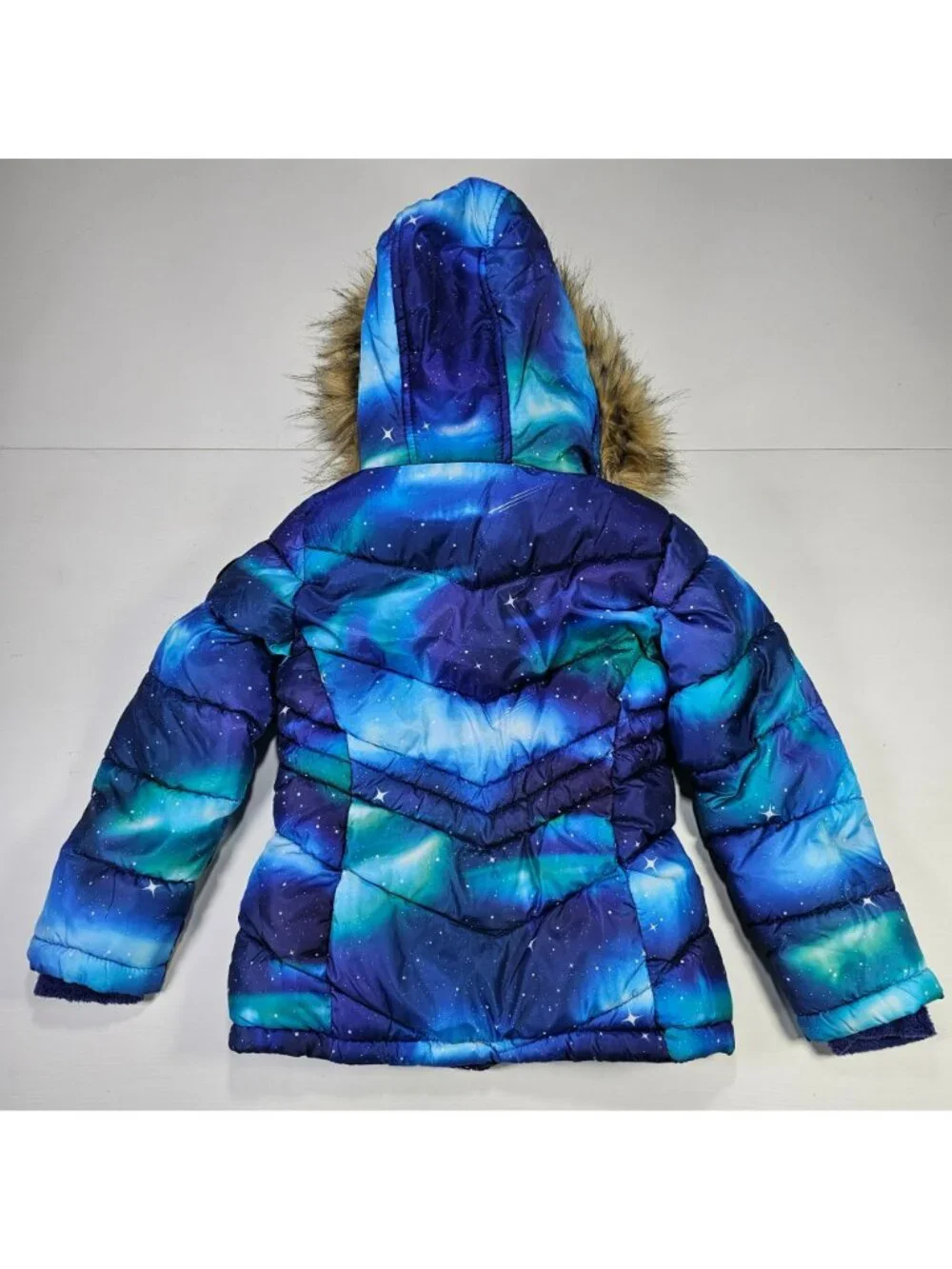 Madden Girl Winter Puffer Jacket Faux Fur Hood Girls Size 6/6X Blue Galaxy Print